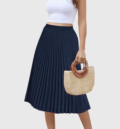 Women's Midi Skirt Elastic High Waist Pleated Skirt Knee Length Swing A-Line Casual Flowy Skirts 2025 Dark Navy,M - Thumbnail 3