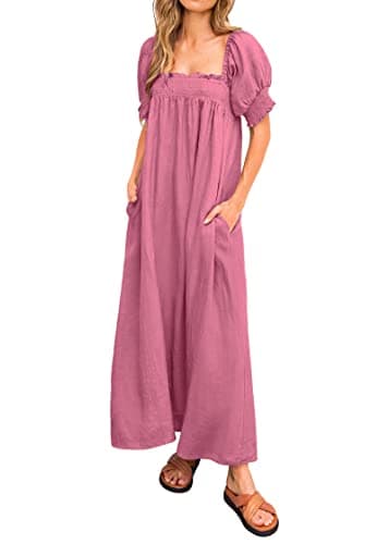 KIRUNDO Women 2026 Summer Maxi Dress Casual Loose Puff Sleeve Square Neck Maternity Flowy Long Beach Dresses with Pockets(Rose Pink, Small) - Image 1