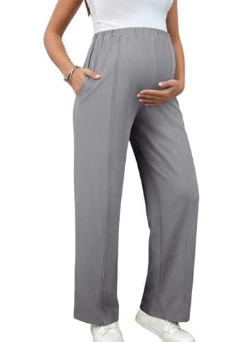 BLENCOT Women's Maternity Pants Spring Adjustable High Waisted Wide Leg Pregnancy Trousers Office Clothes Stretch Maternity Dress Pants with Pockets Grey S - Thumbnail 2