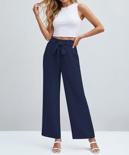 NILOUFO Casual Pants for Women Summer Lightweight Wide Leg Pants High Waisted Elastic Waist Tie Knot Trousers with Pockets(Navy Blue, Large) - Thumbnail 4