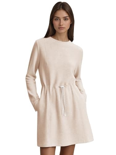 COCOMARTS Womens Casual Long Sleeve Crewneck Sweatshirt Dress Drawstring Waistband Tunic Tops Vacation Mini Dresses 2025 Fall Apricot Small - Thumbnail 2