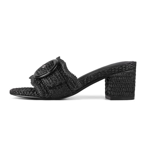 Grakihily Womens Raffia Mule Slides Sandals Open Toe Backless Buckle Heeled Sandals Chunky Block Heel Bohemia Beach Dressy Slip on Summer Shoes,Black Size 10 - Image 1
