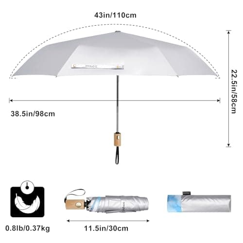 G4Free UPF 50+ UV Protection Travel Umbrella with Wooden Handle, 42 Inch Lightweight Sun Rain Folding Umbrellas Auto Open Close (Sky) - Thumbnail 5