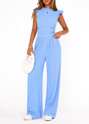 KIRUNDO Two Piece Sets For Women Dressy 2026 Summer Cap Sleeve Cute Tops Wide Leg Pants Spring Matching Set Vacation Outfits(Light Blue, Medium) - Thumbnail 6