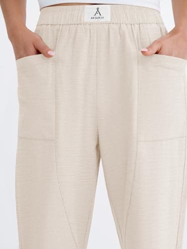 ANRABESS Womens Casual Pants 2026 Summer Loose Fit Lounge Pants with Pockets High Waisted Elastic Waist Straight Leg Trousers Beige S - Thumbnail 5