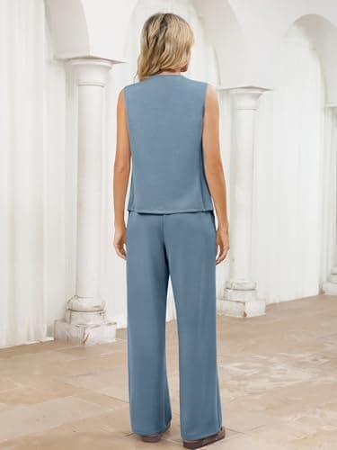 Casly Lamiit Womens Sets 2 Piece Outfits Summer Casual Lounge Travel Airport Clothes Matching Set Crew Neck Vest Waistcoat Wide Leg Pants Blue Grey M - Thumbnail 4