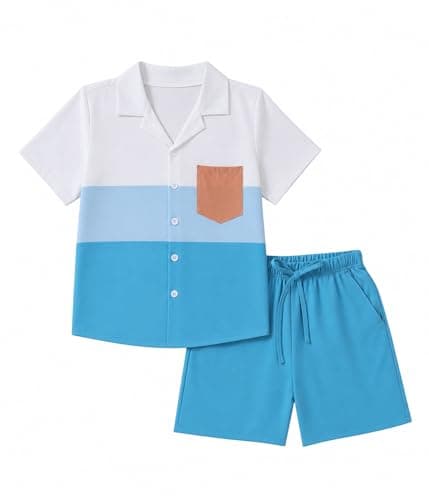 Hihosdor Boys Hawaiian Vacation Outfits 2 Piece Beach Clothes Color Block Camp Shirt & Pocket Shorts Set Size 8-9 Years - Image 1