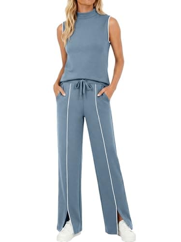 Casly Lamiit 2 Piece Sets for Women Travel Outfits Casual Sleeveless Tank Top Wide Leg Pants Summer Sets Workout 2026 Fashion Clothing Blue Grey M - Image 1