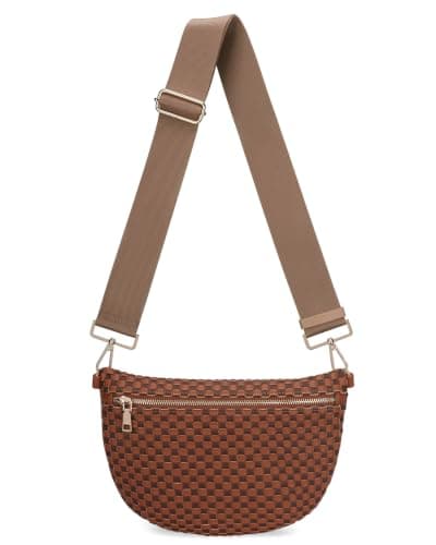 WOOMADA Checkered PU Bum Bag Sling Purse with Adjustable Strap for Travel(Brown Medium Coffee Check) - Image 1