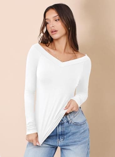 MIHOLL Fall Tops for Women 2025 Long Sleeve Shirts for Women Dressy Casual Off Shoulder Going Out Y2K Tops Party White X-Large - Thumbnail 3