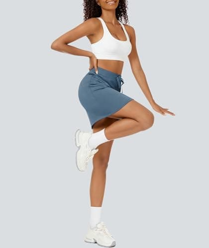 Casly Lamiit Skirt with Shorts Underneath Women High Waisted Casual Workout Mini Drawstring Lounge Sweat Skirts Short Skirt with Pockets Blue Grey S - Thumbnail 6