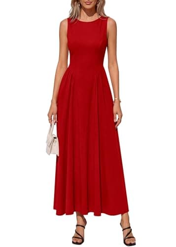 KIRUNDO Wedding Guest Dresses for Women 2026 Summer Semi Formal Work Sleeveless Elegant Boat Neck Flowy A Line Maxi Dress(Red, Large) - Image 1