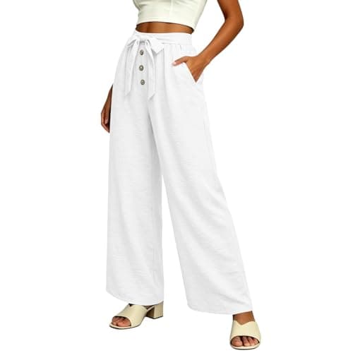 Linen Wide Leg Pants for Women, High Waisted Button Work Casual Flowy Tie Knot Trousers with Pockets, Lightweight Breathable Summer Vacation Beach Office Work Womens Palazzo Pants 2026WhiteS - Thumbnail 6