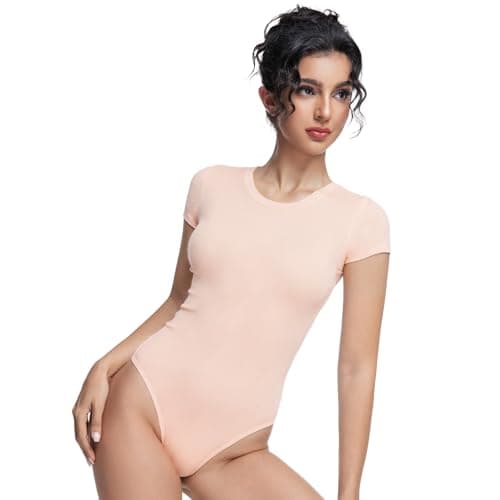 Bolsamila Bodysuits for Women Crew Neck Basic Slimming One Piece Outfits Casual Sexy Body Suits Outfits for Going Out Pink M - Image 1