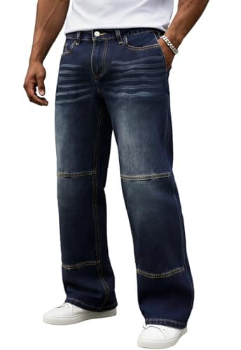 DISLANBO Men's Wide Leg Baggy Jeans for Men Loose Fit Denim Pants Hip Hop Skater Carpenter Jeans Y2K Streetwear Dark Blue(Grey) - Thumbnail 2