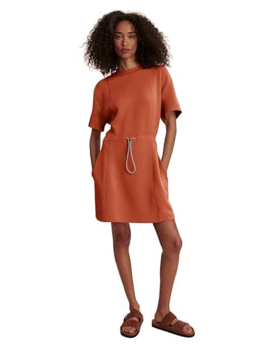 COCOMARTS Dresses for Women Summer Short Sleeve Crew Neck Sweatshirt Dress Drawstring Waist Tunic Tops Mini Vacation Sundress Orange Small - Thumbnail 2
