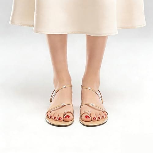 Strappy Greek Flat Sandals for Women Dressy Beach Slip-On Shoes|Unique Strap Design, Non-Slip Sole, Pearlized Leather Upper, Dressy Strappy Sandals for Casual, Beach, Everyday Wear Nude Patent - Thumbnail 4