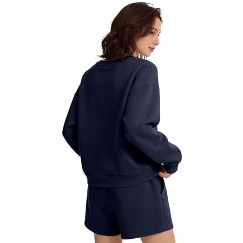 Anyshe Women's 2 Piece Fleece Lined Short Set - High Waisted Crew Neck Sweatshirt & Shorts, Soft Cozy Loungewear for Air Conditioned Rooms & All Season Wear, Navy, Large - Thumbnail 3