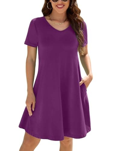 KORSIS Summer Dresses for Women Casual T-Shirt Floral Dress V Neck Swing Flowy Short Sleeve Beach Vacation Sundress with Pockets 2XL Violet - Image 1