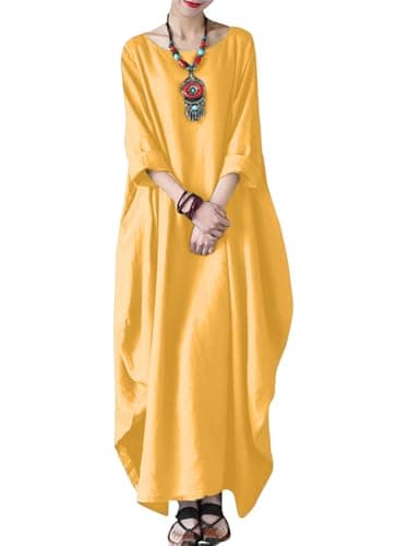 Celmia Women's Linen Dresses Caftans Cotton Kaftan Maxi Dress Loungewear with Pockets with Pockets Yellow Medium - Image 1