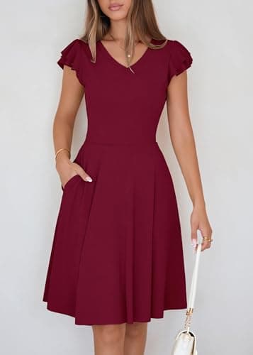 Lazysmile Summer Dresses for Women Ruffle Short Sleeve V Neck A Line Swing Ribbed Knit Casual Mini Short Dress Wine Red - Thumbnail 3