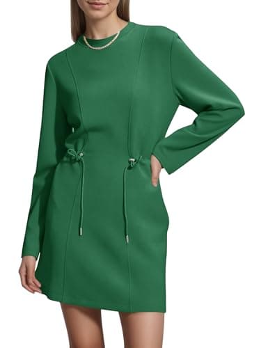 COCOMARTS Womens Long Sleeve Crewneck Sweatshirt Dress Drawstring Waistband Casual Tunic Tops Mini Dresses 2025 Fall Clothes Dark Green X-Large - Image 1
