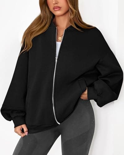 KIRUNDO Oversized Sweatshirt for Women Zip Up Bomber Jacket 2026 Fall Fashion Casual Long Sleeve Outerwear Winter Outfits(Black, X-Large) - Thumbnail 5