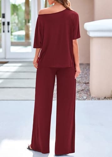 KIRUNDO Lounge Sets for Women Airport Travel Outfit 2026 Summer Off the Shoulder Tops Wide Leg Pants 2 Piece Matching Set(Burgundy, Large) - Thumbnail 2