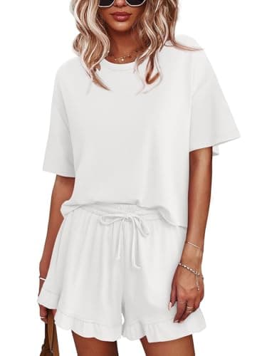 Tankaneo Womens Pajamas Set Lounge Sets Cropped Short Sleeve T Shirts Drawstring Ruffle Shorts Soft Sleepwear, White, Large - Image 1
