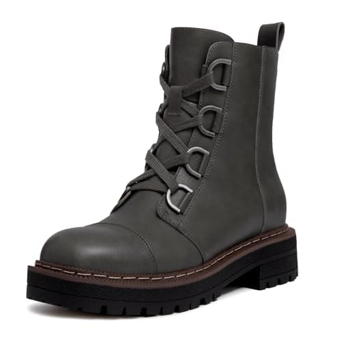 Women's Low Chunky Heel Lace-Up Platform Ankle Combat Boots Grey Size 5.5