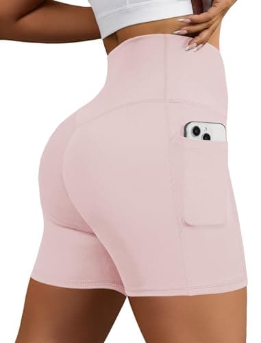 DLOODA Biker Shorts for Women, High Waisted Yoga Workout Tummy Control Spandex Compression Gym Running Shorts with Pockets Pink - Image 1