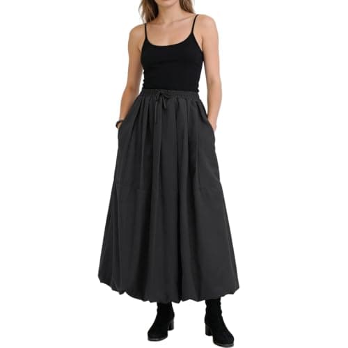 P Ammy Fashion Women's Bubble Skirt Elastic Waist Casual Party Y2K Puffy Hem A-line Maxi Long Skirts with Pockets (US, Alpha, Medium, Regular, Regular, Black) - Image 1