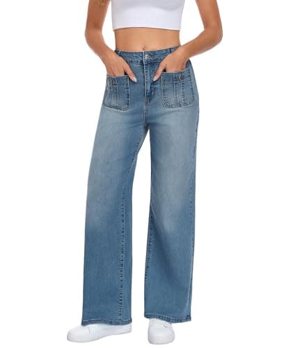 MARIASHA Wide Leg Jeans for Women, High Waist Stretchy Baggy Jeans, Blue Washed Denim Pants with Dual Pockets - Image 1