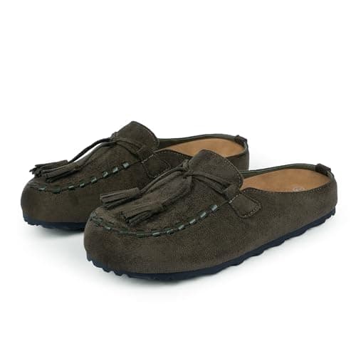 VIUGJNEX Womens Clogs Slip on Tassel Fringe Suede Mules for Women Comfortable Footbed Loafers Potato Shoes with Arch Support Round Toe Office Casual Walking Flats Work Shoes Olive Brown Size 10 - Thumbnail 6