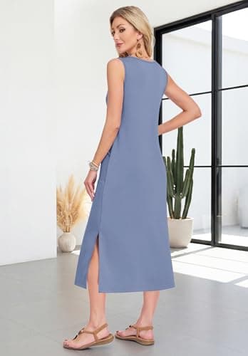 WNEEDU 2026 Boho Sundress Sleeveless Side Slit Soft Wrinkle-Free Midi Dress Tropical Cruise Vacation Party Outfit,Gray Blue,XL - Thumbnail 4