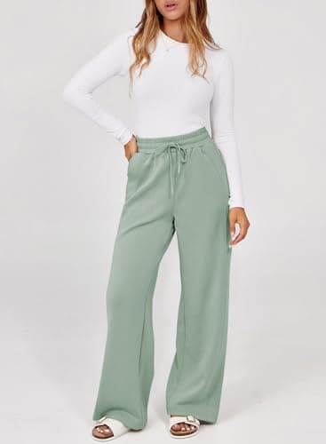 Dokotoo Wide Leg Pants Woman Fall Winter Women's Pants Fashion Trendy Palazzo Pants for Women Casual Elastic Waisted Loose Trousers for Women Smoke Green - Thumbnail 3