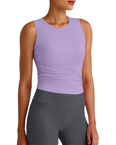 G4Free Women's Yoga Tops High Neck Ruched Side Slim Fit Workout Tanks Soft Running Top for Gym Tennis Exercise (Light Purple,L) - Image 1
