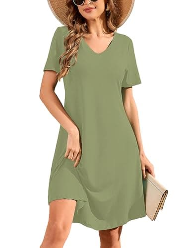 DEARCASE Summer Dresses for Women Army Green Small Short Sleeve V-Neck Casual Knee Length Wedding Guest T Shirt Dress Boho Flowy Swing Beach Vacation Party Comfy All-Day Mini Sundress - Image 1