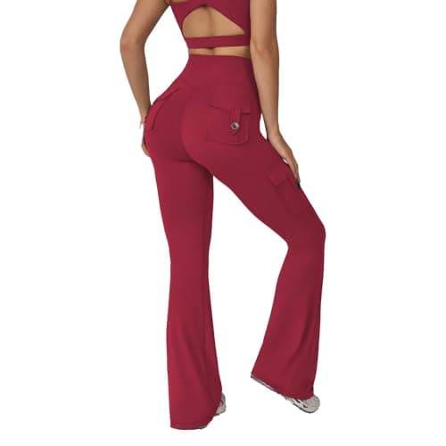 KAIFUYING Leggings with Pockets for Women,Yoga Pants Women,High Waisted Cargo Gym,No Front Seam Leggings red-S - Image 1