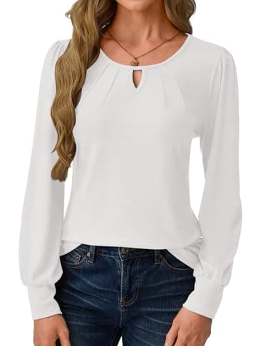 GKBK Women's Long Puff Sleeve Tops Dressy Business Casual Blouses Basic Loose Fit V Neck Work Shirt Pleated Keyhole 2025 Fall Winter Clothes Going Out Outfits White Large - Thumbnail 2