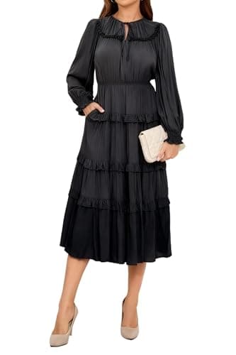 Ystguic Women's Bohemian Long Sleeve Elastic Waist Tiered Ruffled V Neck Aline Dresses with Pockets 2025 Fall Rayon Viscose Dress for Seniors for Vocation Formal Large Black L 045 - Image 1