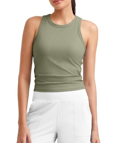 G4Free Racerback Tank Tops for Women Workout Yoga Ribbed Camisole Sports Running Athletic Muscle Gym Slim Fit Summer Shirts (Gray Olive,L) - Image 1