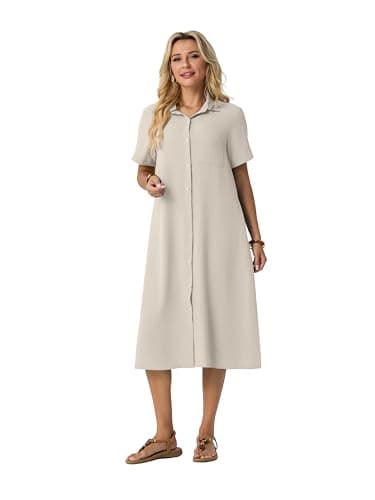 HiMONE Women’s Button Down Shirt Dress Casual Midi Dress Short Sleeve Collared Loose Fit Summer Vacation Dress with Pocket - Thumbnail 4