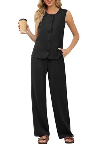 Casly Lamiit 2 Piece Lounge Sets for Women Dressy Casual Outfits Travel Airport Sleeveless Blazer Vest and Pants Set Beach Vacation Clothes Black XL - Thumbnail 2