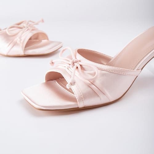 RUSAUISE Pink Mule Heels for Women Bow Kitten Heels Square Open Toe Stiletto Heeled Slide Sandals Slip On Dressy Sandals Size 9.5 - Thumbnail 3