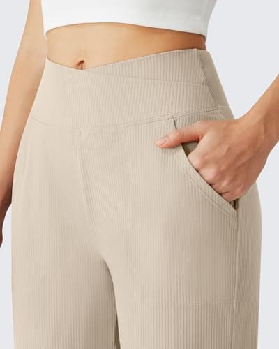 G4Free Women's Wide Leg Pants Ankle Length Wide Leg Trousers Crossover Waistband Stretch Workout Pants with Pockets Breathable(Light Khaki,L,Regular) - Thumbnail 2