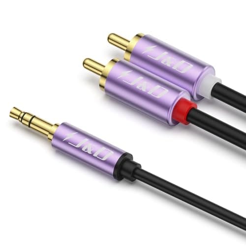 J&D 3.5mm Male to 2 RCA Phono Male Stereo Audio Cable, Aluminum Alloy Shell Gold-Plated RCA Audio Adapter Aux Cable, Purple, 3 Feet