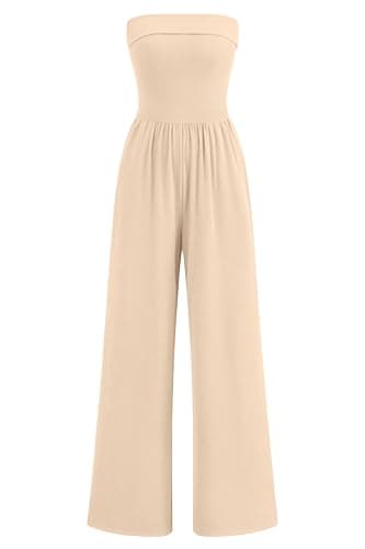 PRETTYGARDEN Strapless Wide Leg Jumpsuits for Women Dressy Casual Ribbed Knit Tube Rompers Jumper Vacation Summer One Piece Outfits (Apricot,XL) - Image 1