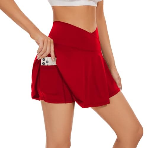 bpbtti Womens Pleated Tennis Skirt Crossover Golf Skorts Skirts with Pockets Activewear Summer Workout Running Shorts (Red, M) - Image 1