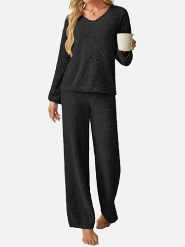 GKBK Womens 2 Piece Outfits Knit Sweater Sets Fuzzy Fleece Long Sleeve Top Wide Leg Pants Lounge Wear Matching Lounge Set 2026 Winter Casual V Neck Cozy Fashion Clothes Black L - Thumbnail 5